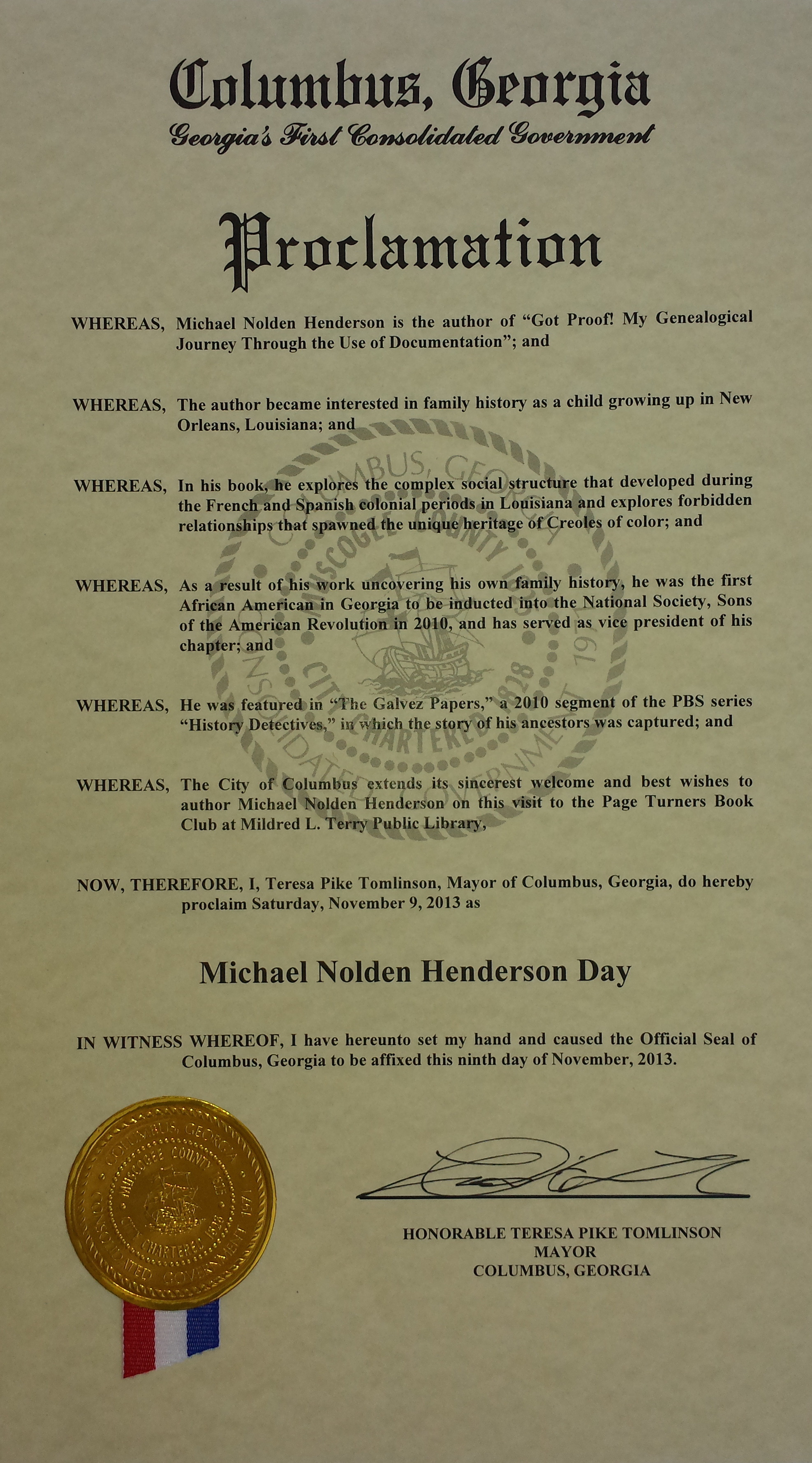 Columbus, Georgia Recognize Michael Nolden Henderson with a Proclamation November 9, 2013